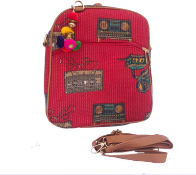 Craferia Export Ikkat Printed Backpack With Cute Classy Pom Pomp 2 L Backpack(Red)