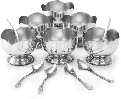 UNDERZONE Stainless Steel Dessert Bowl Stainless Steel Lotus Design Dessert Ice Cream Cups with Spoon 6 Psc Bowl Disposable(Pack of 6, Silver, Steel)
