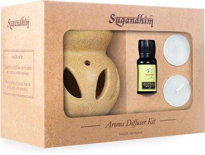 Sugandhim Candle Aroma Diffuser Kit Beige/Off White Ceramic, Aromatherapy, 1 x 10ml Lemongrass Essential Oil & 2 Tea Light Candle, Handmade Burner, Home Fragrance, Healthy Breathing, Decorative, Aids Sleep, Ideal for Gifting, For All Spaces, Spa , Yoga, Meditation, Pleasant Fragrance, Mood Lifter, N