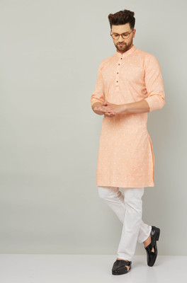 AEW DESIGNS Men Self Design Straight Kurta(Orange)