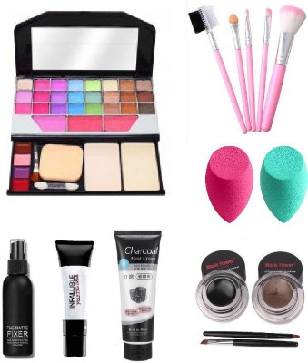 TYA Gen-II Fashion Makeup Kit For girls + Hello kItty Makeup Brushes + 2 Puff + Face Primer + Makeup Fixer + Charcol Mask + Black Brown Gel Eyeliner