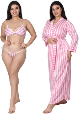 Fetify Women Robe and Lingerie Set(Pink, White)