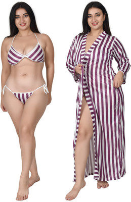 Embrave Women Robe and Lingerie Set(Purple, White)