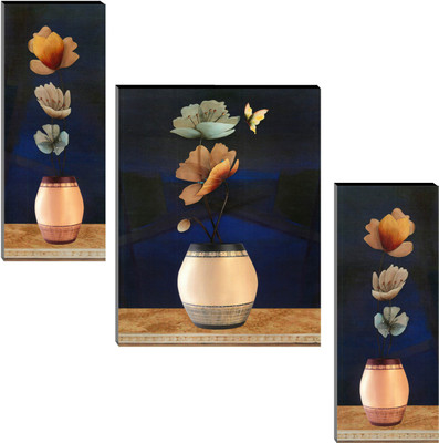 Indianara Set of 3 Abstract Flowers in Vases MDF Art Painting (3773FL) without glass (4.5 X 12, 9 X 12, 4.5 X 12 INCH) Digital Reprint 12 inch x 18 inch Painting(With Frame, Pack of 3)