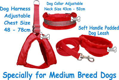 BODY BUILDING Dog Belt Combo of 1 inch Fur Padded Red Dog Harness with Dog Collar & Leash Specially for Medium Breed Dog Harness & Leash(Medium, Red Feather Harness Collar Leash)