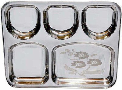 Sager Stainless Steel Lunch/Dinner Plate/Bhojan Thali 5 in 1 U Shape Compartments with Mirror Finish, Floral Laser Design Dinner Plate