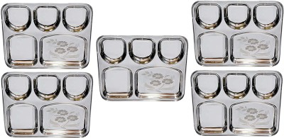 Sager Stainless Steel Lunch/Dinner Plate/Bhojan Thali 5 in 1 U Shape Compartments with Mirror Finish, Floral Laser Design Dinner Plate(Pack of 5)