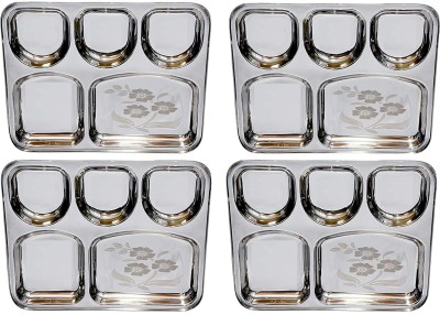 Sager Stainless Steel Lunch/Dinner Plate/Bhojan Thali 5 in 1 U Shape Compartments with Mirror Finish, Floral Laser Design Dinner Plate(Pack of 4)