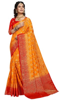 iZibra Self Design, Woven Banarasi Art Silk, Pure Cotton Saree(Red, Yellow)