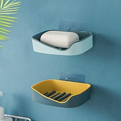 borvia Self Adhesive Wall Mounted Soap Holder for Bathroom | Self Draining Slanting Design (Pack of 2)(Multicolor)