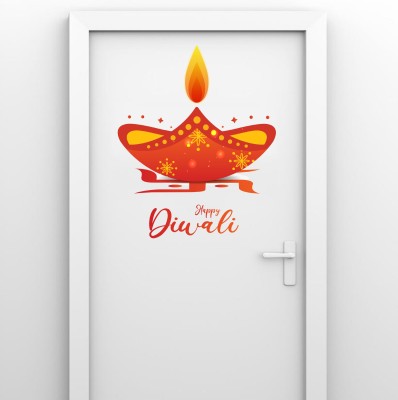 Crown Decals 58 cm Decorative diya swastick happy diwali pvc vinyl multicolor wall sticker for wall decoration size : 58 Cm X 48 Cm Self Adhesive Sticker(Pack of 1)