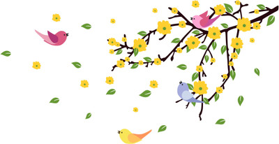 Burhani Decor 60 cm Colorful Tree Branch With Birds Self Adhesive Sticker(Pack of 1)