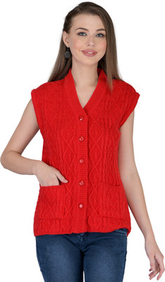 lady willington Self Design V Neck Casual Women Red Sweater
