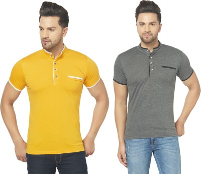 Adorbs Solid Men Henley Neck Grey, Yellow T-Shirt