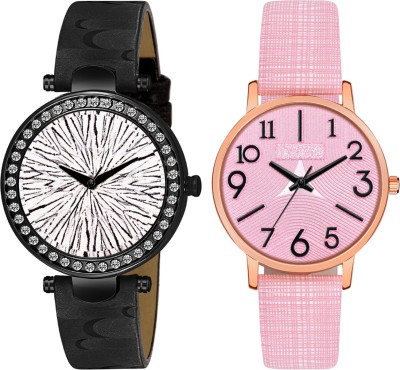 Stepso LifeStyle Black And Pink Round Dial Genuine Leather Strap Women Analog Watch  - For Girls