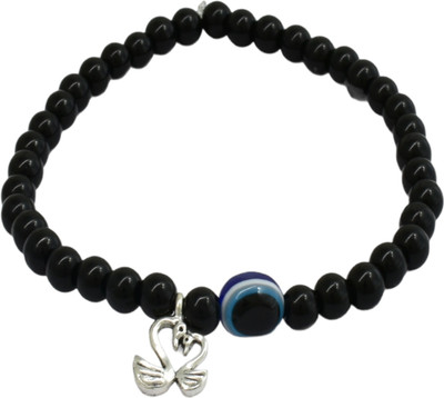 HIGH TRENDZ Divine Black Beads Evil Eye With Swan Charm Strechable Glass Anklet