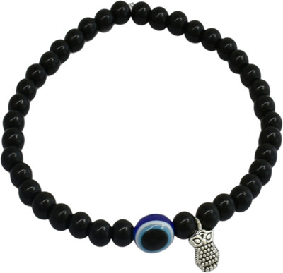 HIGH TRENDZ Divine Black Beads Evil Eye With Owl Charm Strechable Glass Anklet