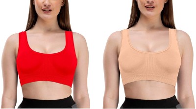 Adhvik Pack Of 2 Pcs Everyday Wear Red And Beige Color Women's and Girls Comfortable Cotton Innerwear Stretchable Non Padded Non-Wired Sports Air Bra for Sport, Gym, Yoga, Running, Dancing, Cycling Women Sports Non Padded Bra(Red, Beige)