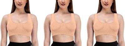 Adhvik Pack Of 3 Pcs Everyday Wear Beige Color Women's and Girls Comfortable Cotton Innerwear Stretchable Non Padded Non-Wired Sports Air Bra for Sport, Gym, Yoga, Running, Dancing, Cycling Women Sports Non Padded Bra(Beige)