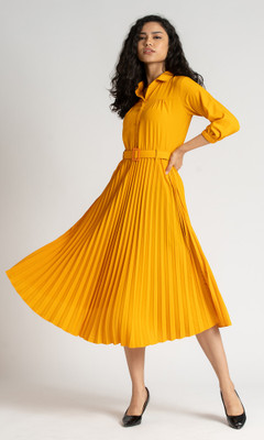 AASK Women Pleated Yellow Midi/Calf Length Dress