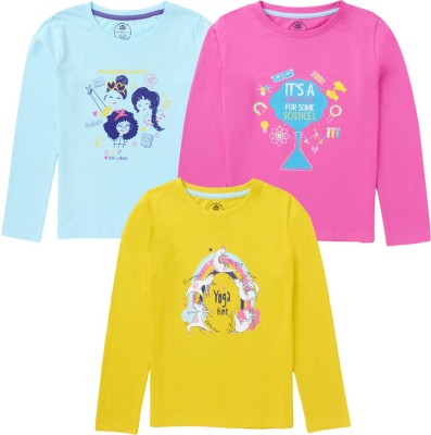 Cub McPaws Girls Graphic Print Pure Cotton T Shirt(Multicolor, Pack of 3)