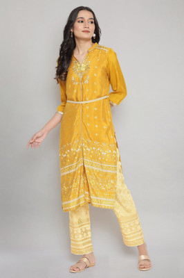 Aurelia Women Embroidered Frontslit Kurta(Yellow)