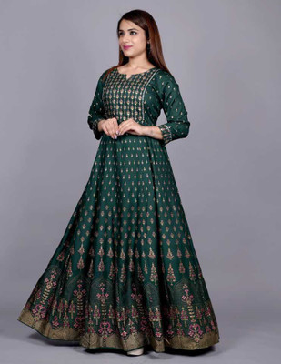 Krishan Krishna Women Printed Anarkali Kurta(Green)