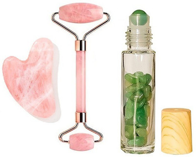 Getmecraft Jade Roller Bottle With Rose Quartz Roller and Gua Sha Set Jade Roller Rose Quartz Roller and Gua Sha Set WITH JADE ESSENTIAL OIL ROLLER BOTTLE, Facial Roller - Anti Aging Rose Quartz Roller for Face and Dark Circles Under Eye Massager(Pink, Green)