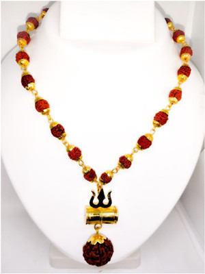 Rashifaashion Shiv Shakti Kavach 5 Mukhi Rudraksha Mala With Shiv Trishul Damru Gold-plated Plated Wood Necklace