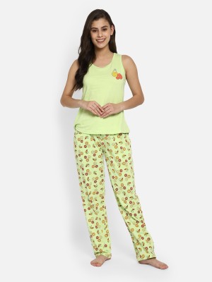 Clovia Women Graphic Print Green Top & Pyjama Set