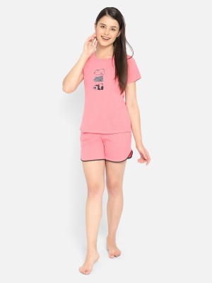 Clovia Women Printed Pink Top & Shorts Set