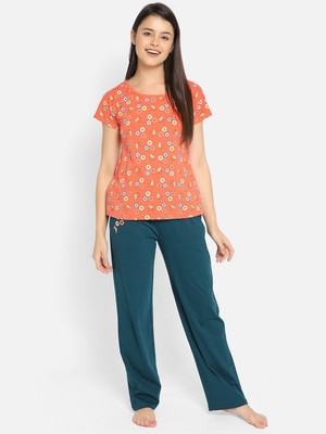 Clovia Women Printed Orange Top & Pyjama Set