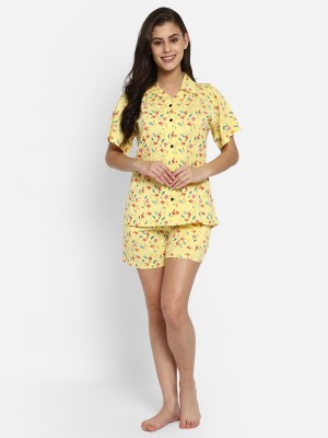 Clovia Women Printed Yellow Top & Shorts Set