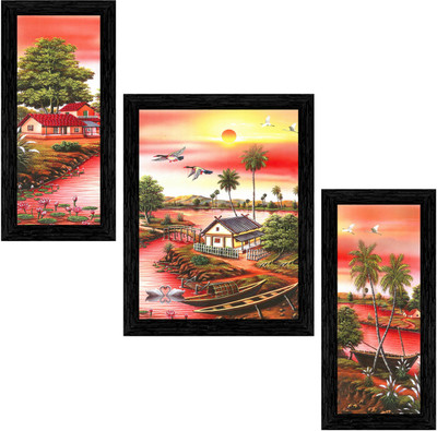 Indianara Set of 3 Village Framed Art Painting (3782BK) without glass (6 X 13, 10.2 X 13, 6 X 13 INCH) Digital Reprint 13 inch x 10.2 inch Painting(With Frame, Pack of 3)
