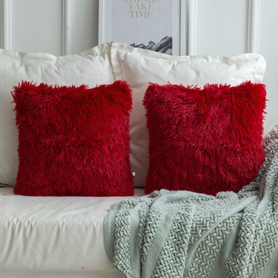 Wondershala Square shape cushion Red fur pillow set with zipper Microfibre Solid Cushion Pack of 2(Red)