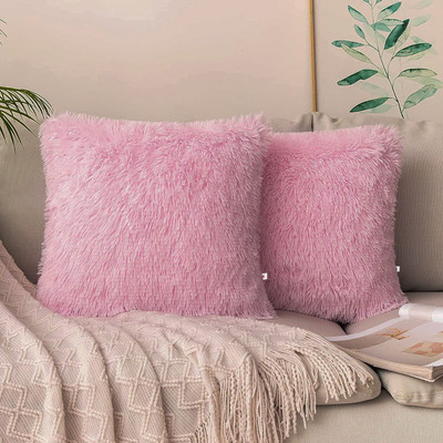 Wondershala Microfibre Cushion Pack of 2 Solid, Geometric Pink fur cushions with Zipper 40 x 40 cm(Pink)
