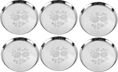 Sager Stainless Steel Heavy Gauge Khumcha/Khomcha/Kumcha/Lunch and Dinner Plates/Thali with Mirror Finish and Beautiful Laser Design, Curved deep Wall Design 29 cm Dia Dinner Plate(Pack of 6)