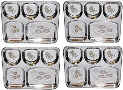 Sager Stainless Steel Apple Shape Bowl Lunch/Dinner Plate/Bhojan Thali 5 in 1 Compartments with Beautiful Floral Laser Design Dinner Plate(Pack of 4)