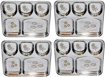 Sager Stainless Steel Apple Shape Bowl Lunch/Dinner Plate/Bhojan Thali 5 in 1 Compartments with Beautiful Floral Laser Design Dinner Plate(Pack of 4)