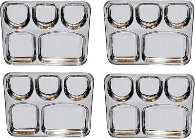 Sager Stainless Steel Lunch/Dinner Plate/Bhojan Thali 5 in 1 U Shape Compartments with Mirror Finish Sectioned Plate(Pack of 4)