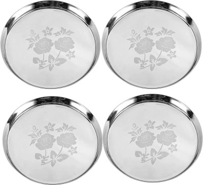 Sager Stainless Steel Heavy Gauge Khumcha/Khomcha/Kumcha/Lunch and Dinner Plates/Thali with Mirror Finish and Beautiful Laser Design, Curved deep Wall Design 29 cm Dia Dinner Plate(Pack of 4)