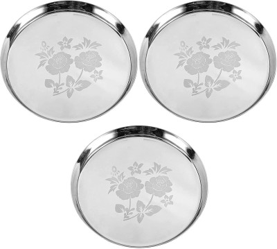 Sager Stainless Steel Heavy Gauge Khumcha/Khomcha/Kumcha/Lunch and Dinner Plates/Thali with Mirror Finish and Beautiful Laser Design, Curved deep Wall Design 29 cm Dia Dinner Plate(Pack of 3)