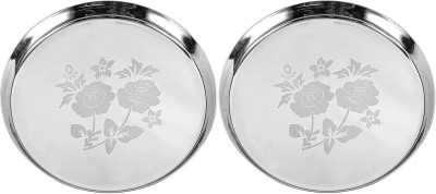 Sager Stainless Steel Heavy Gauge Khumcha/Khomcha/Kumcha/Lunch and Dinner Plates/Thali with Mirror Finish and Beautiful Laser Design, Curved deep Wall Design 29 cm Dia Dinner Plate(Pack of 2)
