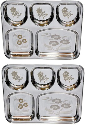Sager Stainless Steel Apple Shape Bowl Lunch/Dinner Plate/Bhojan Thali 5 in 1 Compartments with Beautiful Floral Laser Design Dinner Plate(Pack of 2)