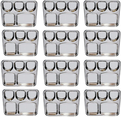 Sager Stainless Steel Lunch/Dinner Plate/Bhojan Thali 5 in 1 U Shape Compartments with Mirror Finish Sectioned Plate(Pack of 12)