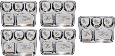Sager Stainless Steel Apple Shape Bowl Lunch/Dinner Plate/Bhojan Thali 5 in 1 Compartments with Beautiful Floral Laser Design Dinner Plate(Pack of 5)