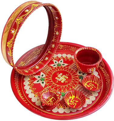 Niozaki Handcrafted Karwa Chauth Pooja Thali Set With Chalni, Diya, Bowl and Lota Stainless Steel(6 Pieces, Red)