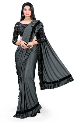 KERHIZ Embellished Bollywood Lycra Blend Saree(Grey)