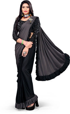 PANETAR Solid/Plain Bollywood Lycra Blend Saree(Black, Grey)