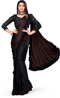 PANETAR Solid/Plain Bollywood Lycra Blend Saree(Brown, Black)
